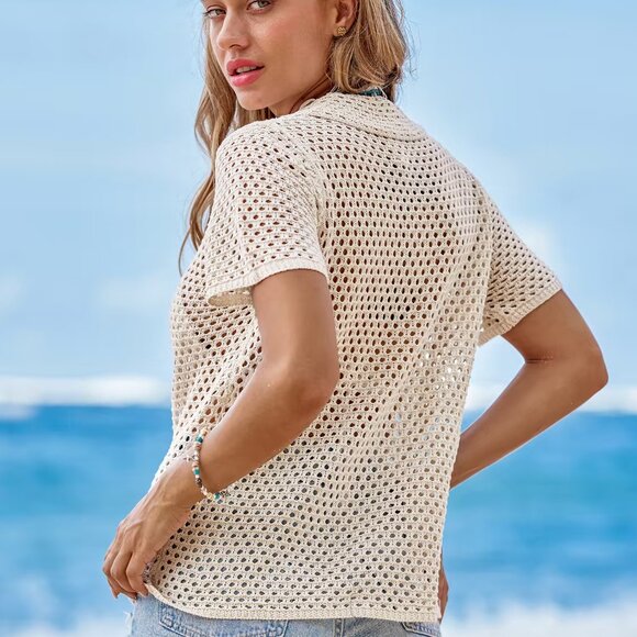 Cupshe Collared Button Front Open Knit Cover-Up Top | Size S | NWT | Beachwear - Picture 2 of 3